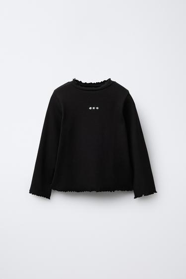 RIBBED T-SHIRT WITH EMBROIDERED DETAIL - Black by Zara