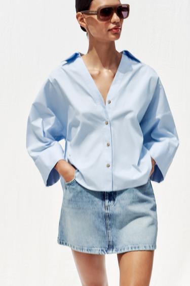 CHEMISE EN POPELINE À MANCHES LARGES - Bleu clair de Zara - Image 2