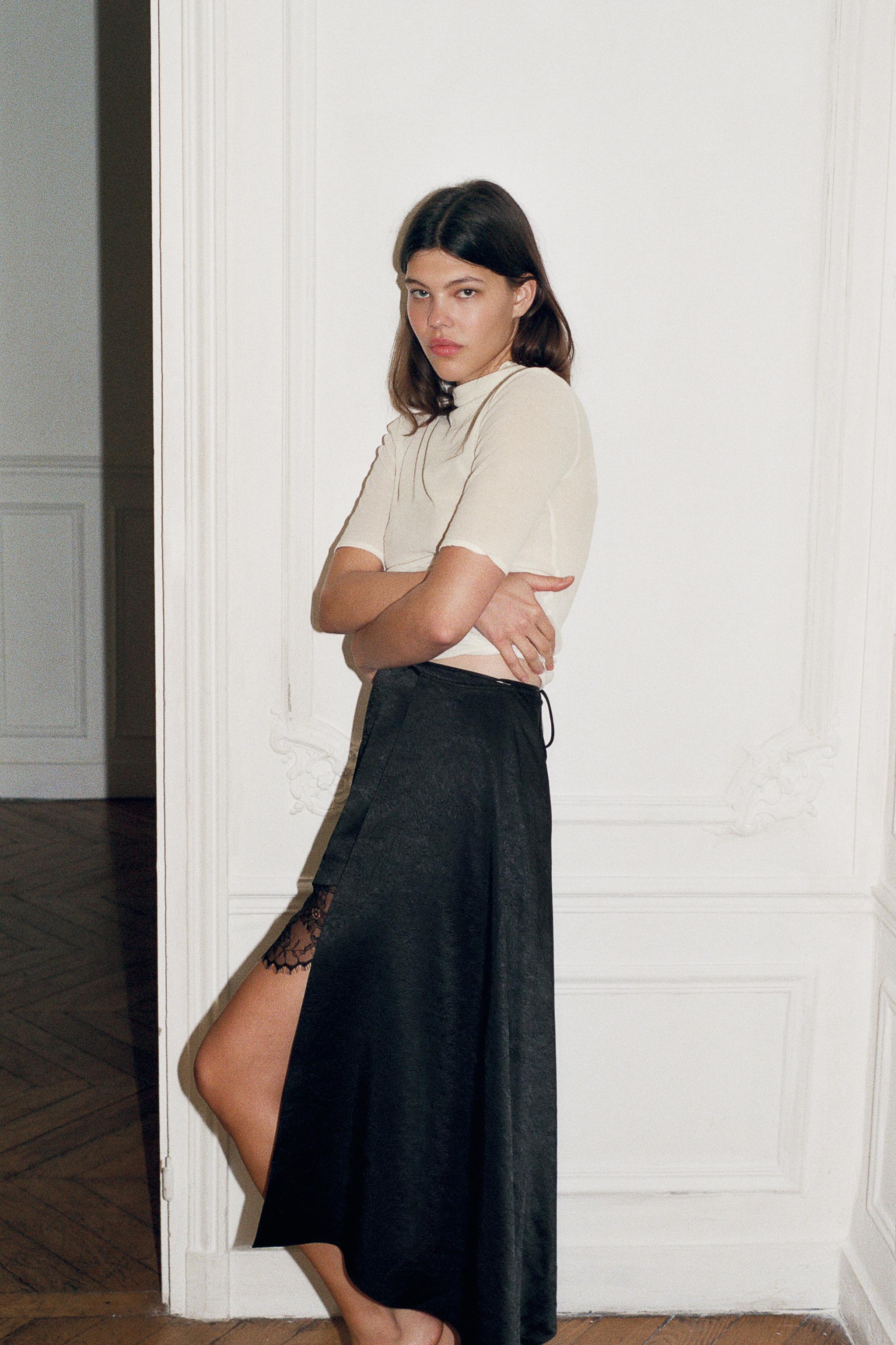 WRINKLED EFFECT LACE MIDI SKIRT