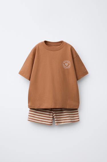 GESTREEPTE BADSTOF T-SHIRT EN BERMUDA SET - bruin/wit van Zara