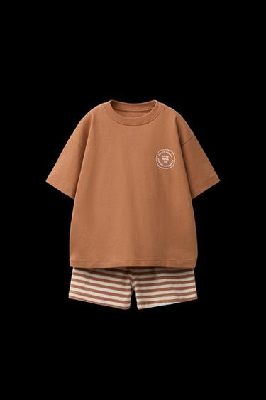 Zara STRIPED TOWEL T-SHIRT AND BERMUDA SET - Brown / White - Image 0