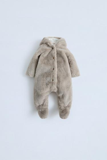 Zara HOODED FAUX FUR BODYSUIT - Stone