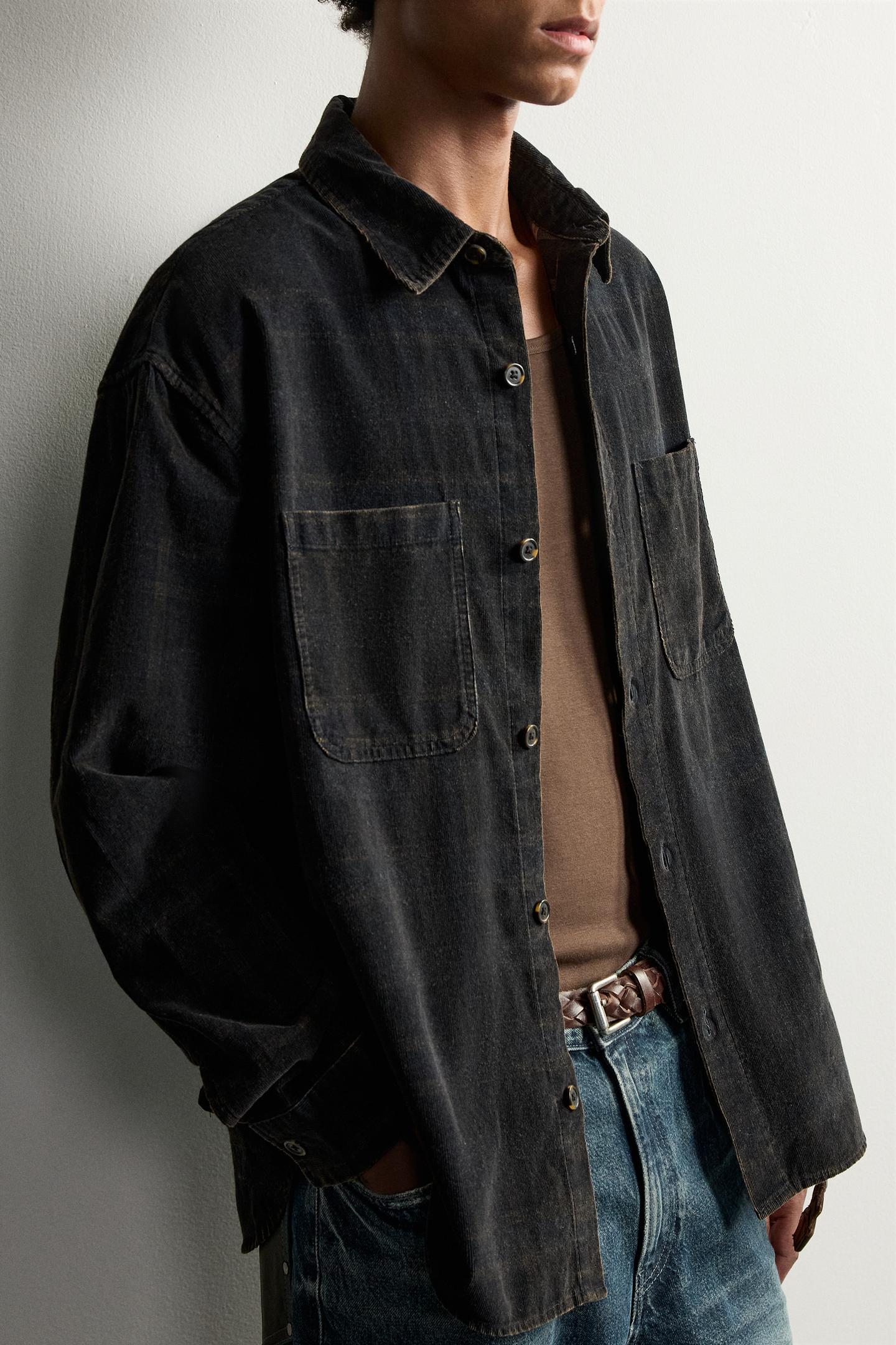 Мужская рубашка Zara Washed Plaid Corduroy, цвет: Чёрный / Белый — фото 6