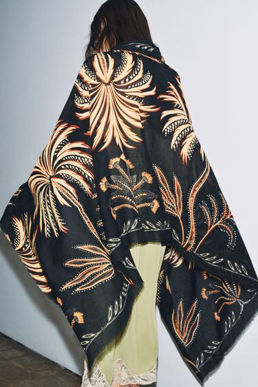 LINEN BLEND PRINTED SCARF - Black by Zara - Image 1