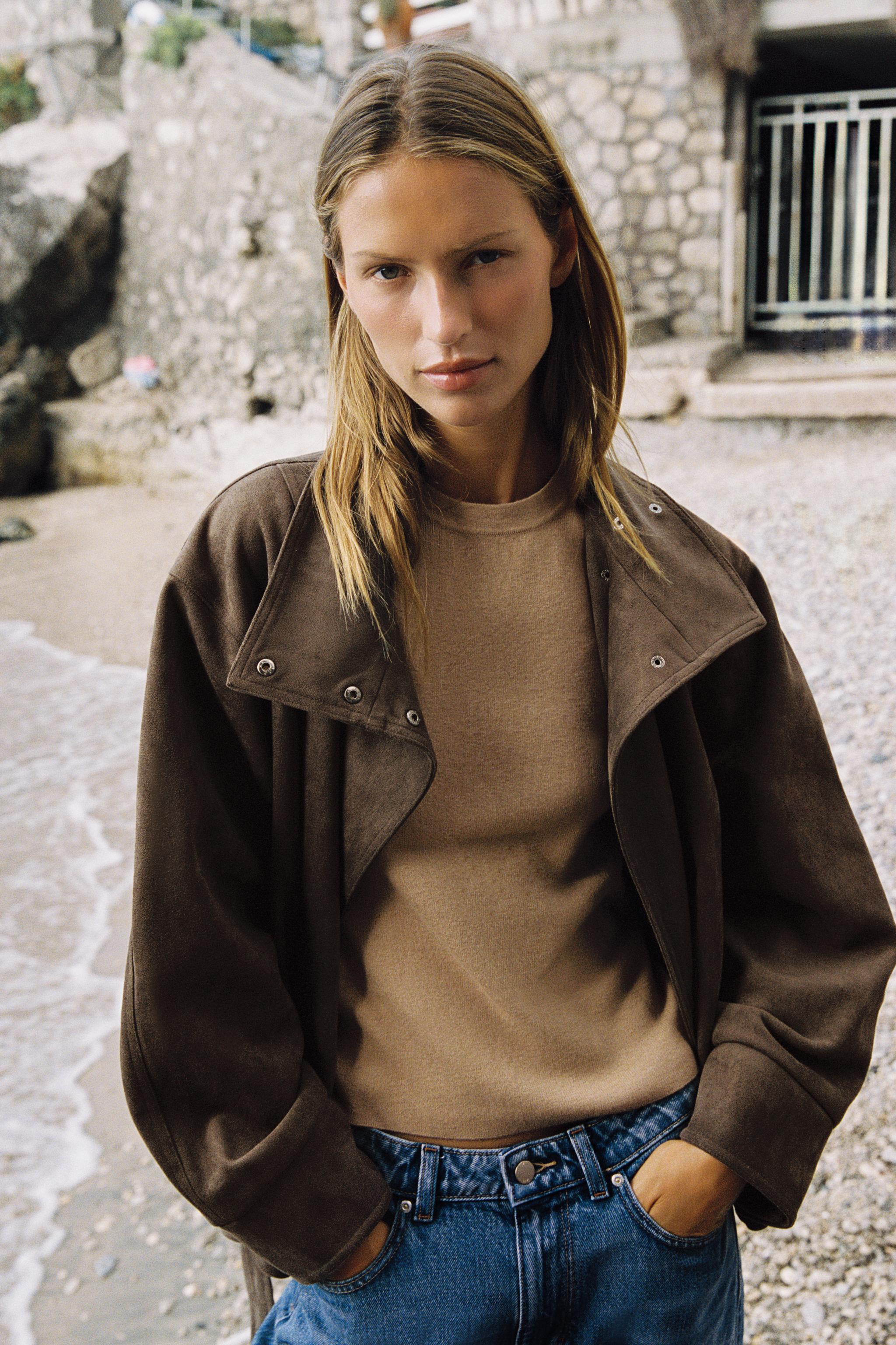 FAUX SUEDE BELTED JACKET — Dark mink