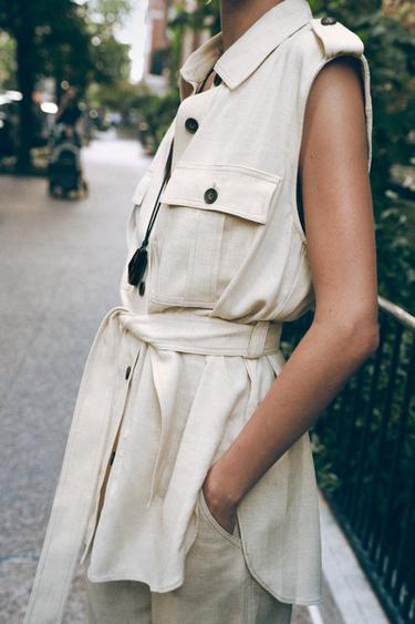 LONG WAISTCOAT WITH LINEN BELT - Light beige by Zara