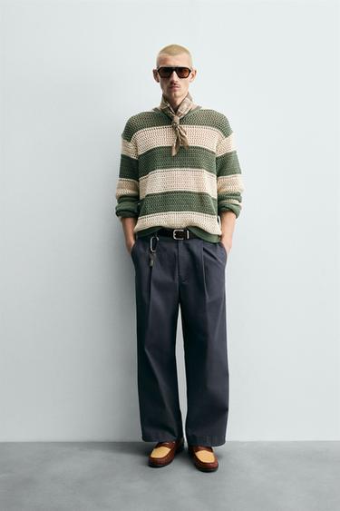 CONTRAST STRIPED OPEN-KNIT SWEATER - Green stripe by Zara - Image 0