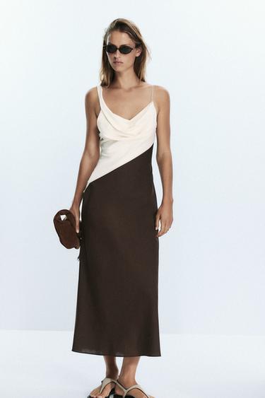 CONTRAST MIDI DRESS - Ecru / Brown by Zara - Image 0