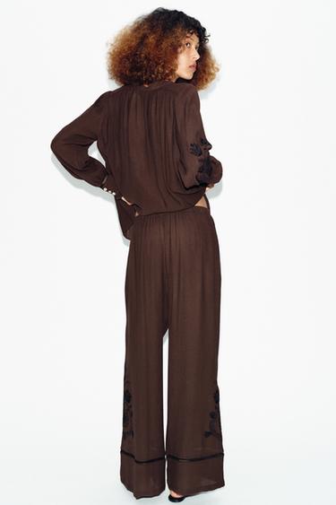 PANTALON LARGE BRODERIES ET ENTRE-DEUX - Marron de Zara - Image 4