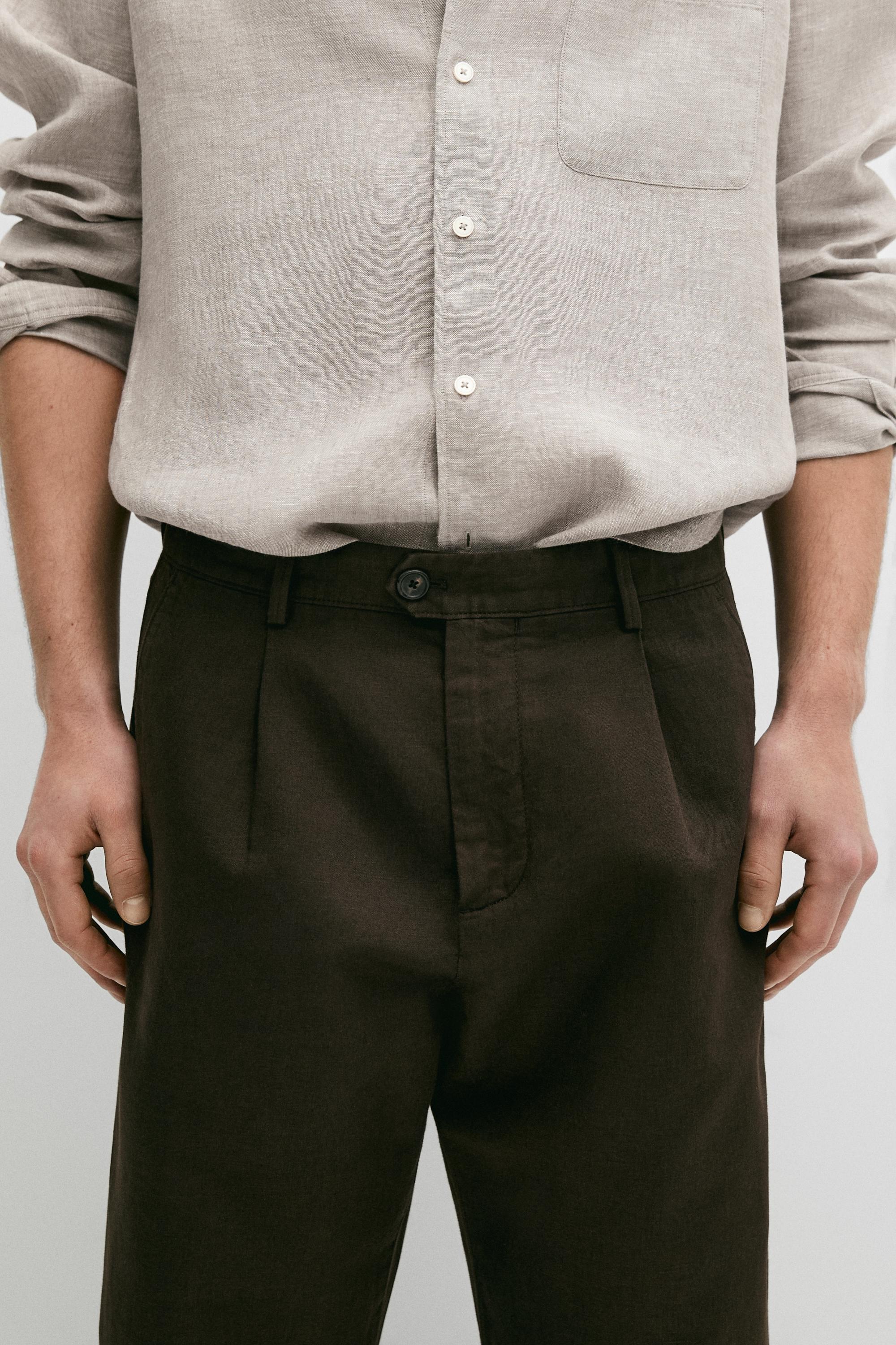 Pantalon straight à pinces en lin et coton