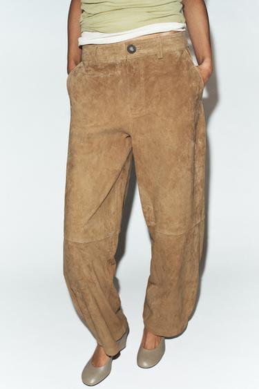 Zara 100% SUEDE LEATHER PANTS - taupe brown