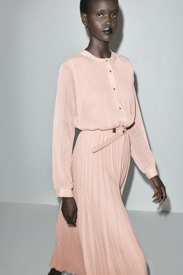 PLEATED DRESS WITH BELT - Beige-pink by Zara - Image 0