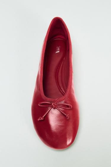 LEATHER BOW BALLET FLATS - Red by Zara