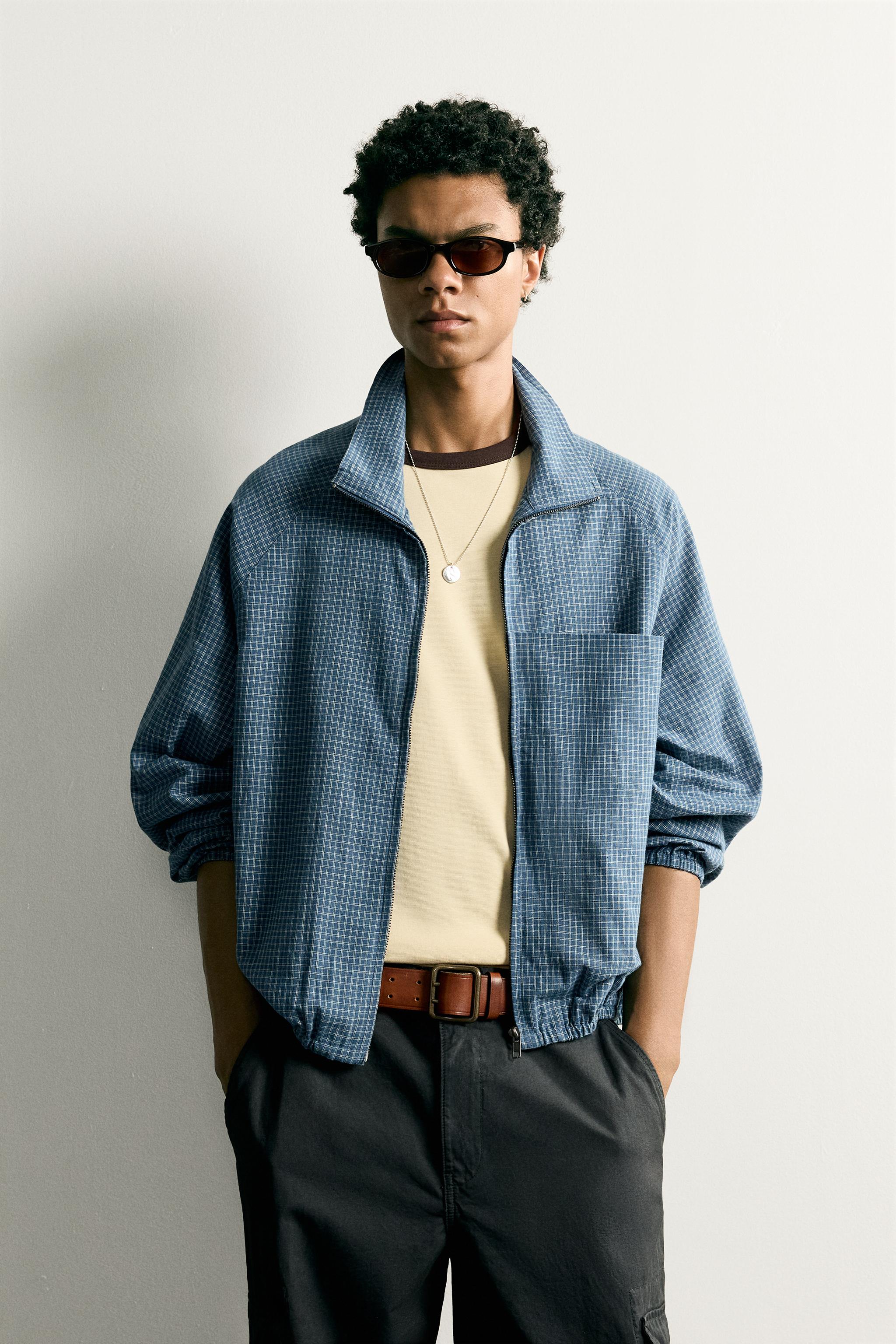 RELAXED FIT PLAID ZIP SHIRT — Blue