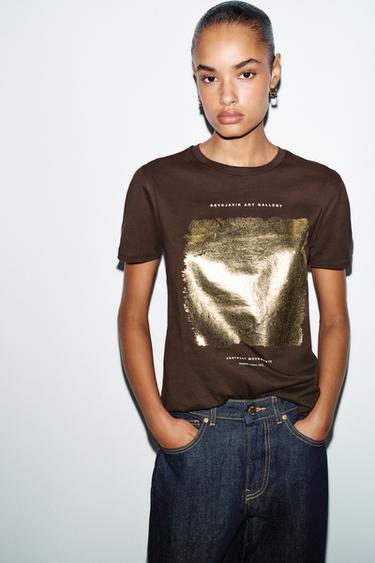 Zaras T-SHIRT MED METALLIC-TRYCK - Brun