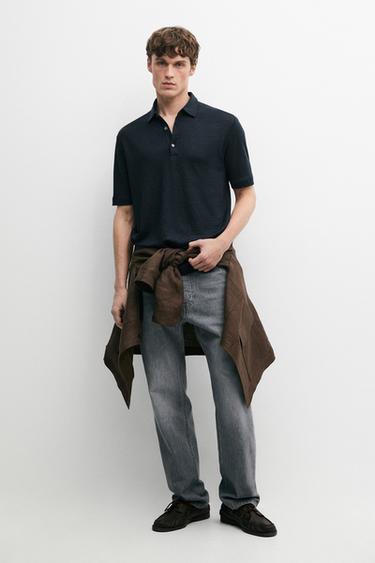 Zara 100% linen short sleeve polo shirt - Navy blue - Image 0