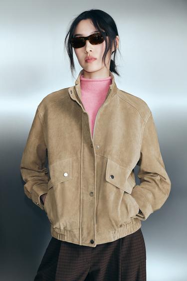 Zara 100% 麂皮高領夾克 - 焦糖色