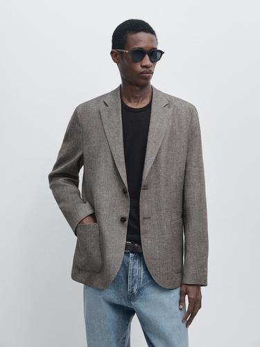 Zara Tailored linen blend herringbone blazer - Gray marl