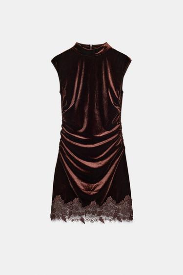 ROBE EN VELOURS ET DENTELLE - Marron foncé de Zara - Image 5