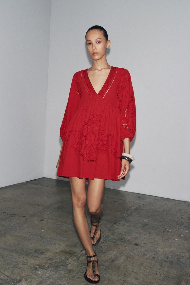 zara embroidered dress red ZARA RED EMBROIDERED DRESS