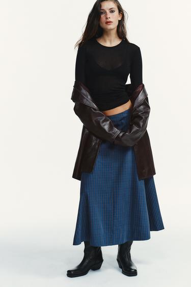 Zara PLAID PLEATED MIDI SKIRT - Blues
