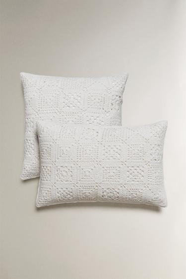 HOUSSE DE COUSSIN COUVRE-LIT COTON CROCHET PATCHWORK - Blanc de Zara