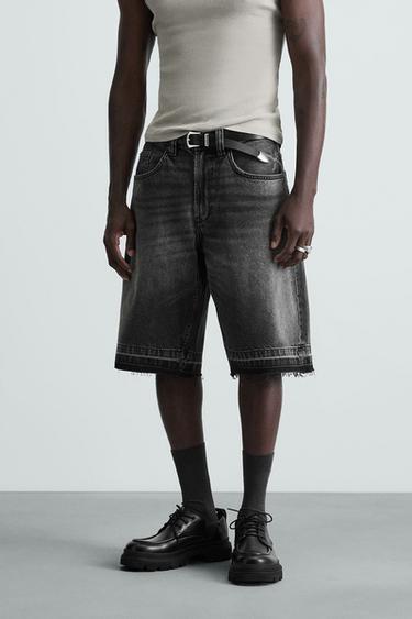 Zara BAGGY FIT DENIM SHORTS - Charcoal