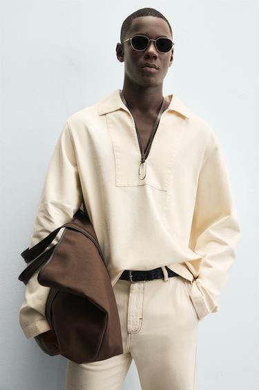 Zara WASHED TEXTURED OVERSHIRT - Ecru