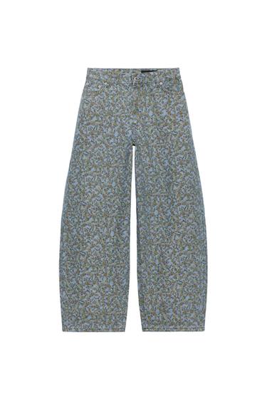 Zara ZW COLLECTION MID-RISE BARREL FLORAL JEANS - Blue