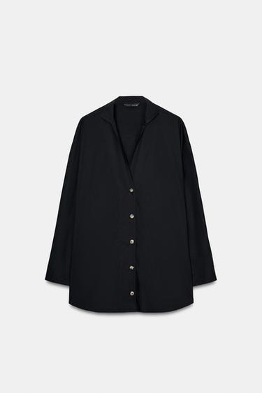 ÁO SƠ MI POPLIN CỔ CHỮ V - Màu đen từ Zara