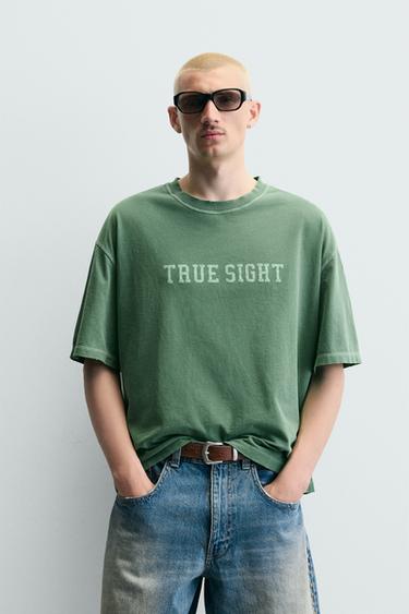Zara WASHED GRAPHIC BOXY FIT T-SHIRT - Green