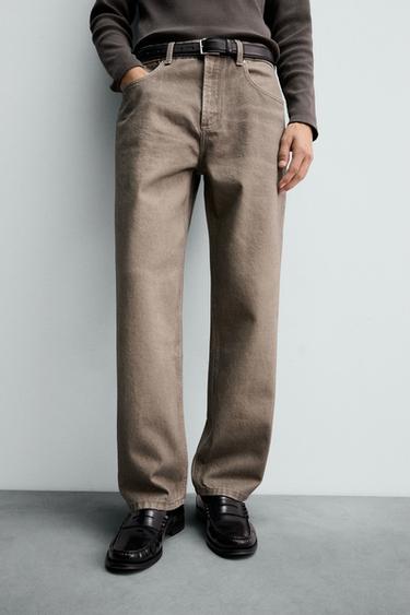 Zara PRINTED WASHED STRAIGHT FIT JEANS - Brown