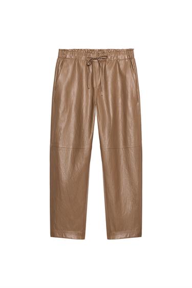 LEATHER EFFECT SUEDE TROUSERS WITH ELASTIC WAIST - Brown / Taupe by Zara