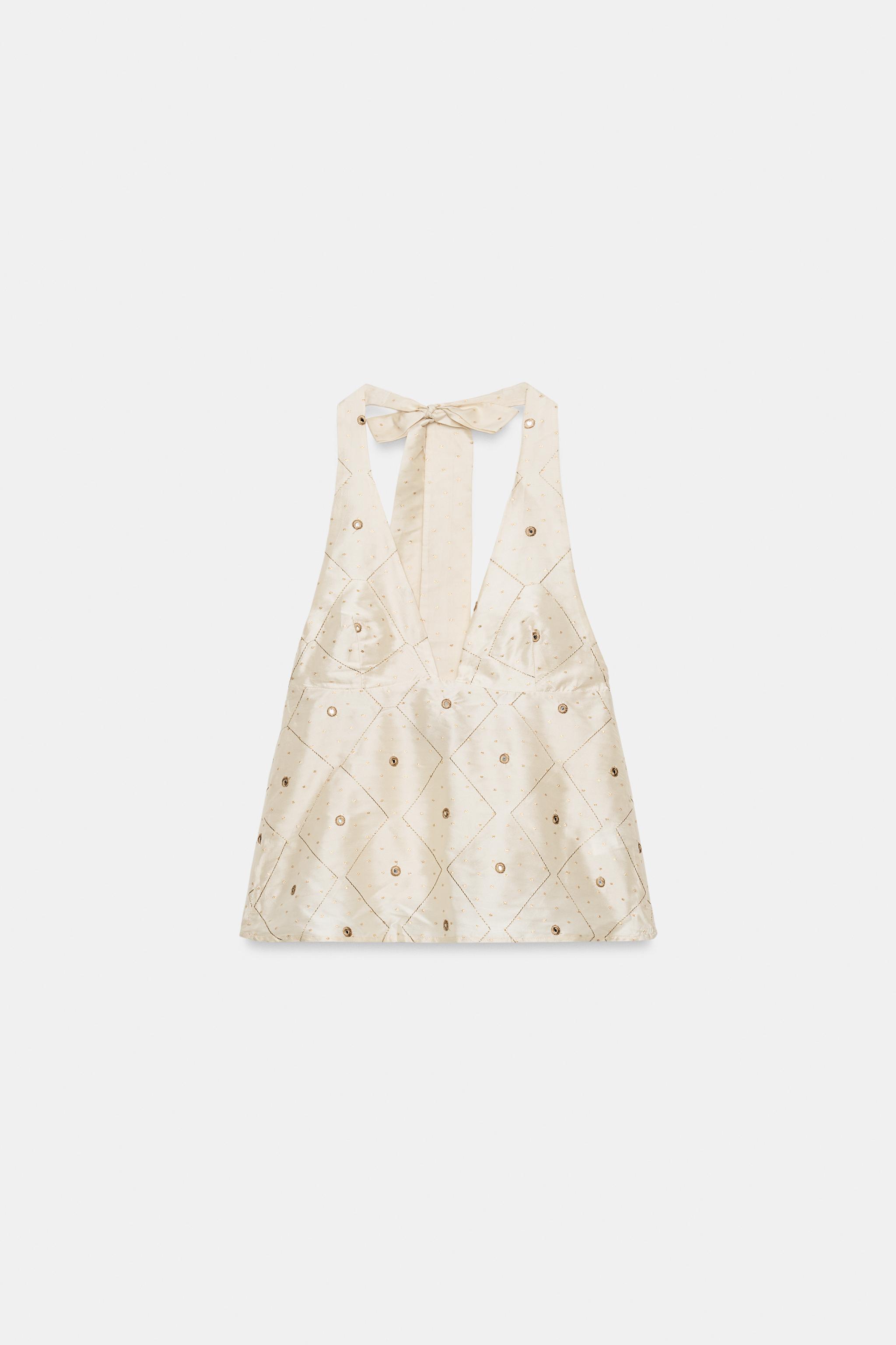 TOP EN TAFFETAS BRODERIES MIROIRS