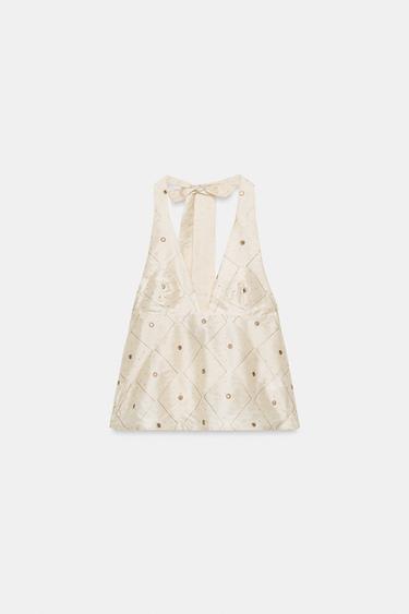 TOP EN TAFFETAS BRODERIES MIROIRS - Crème de Zara - Image 3