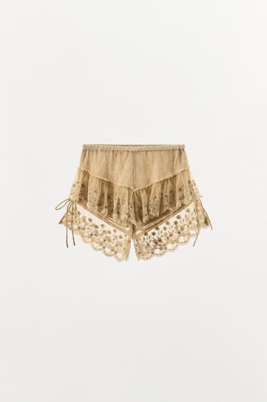SHORT À VOLANTS BRODÉS - Beige rosé de Zara - Image 4