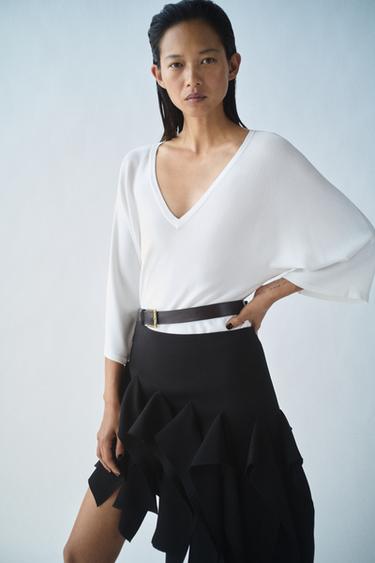 JERSI RAJUTAN LONGGAR KERAH V - Putih dari Zara