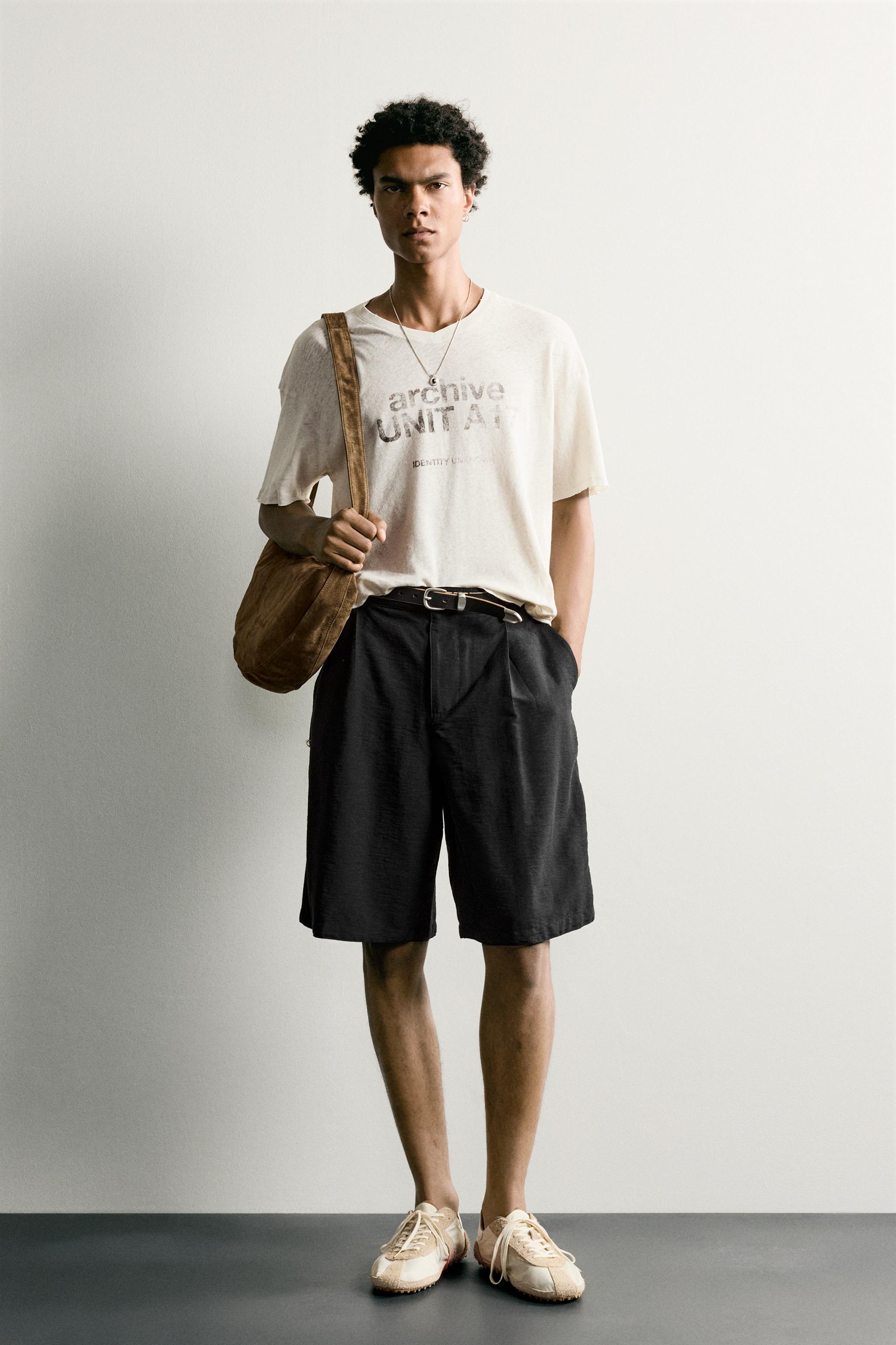WASHED COTTON-LINEN T-SHIRT WITH TEXT