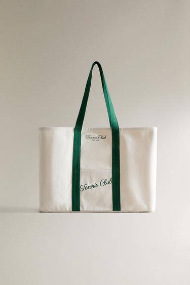 COTTON CANVAS BAG WITH CONTRAST HANDLES - Ecru / Green by Zara