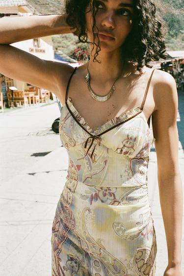Zara PRINTED LINEN MIDI DRESS - Multicolored - Image 0