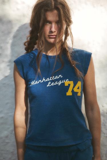 SLOGAN SLUB KNIT T-SHIRT - Blue by Zara
