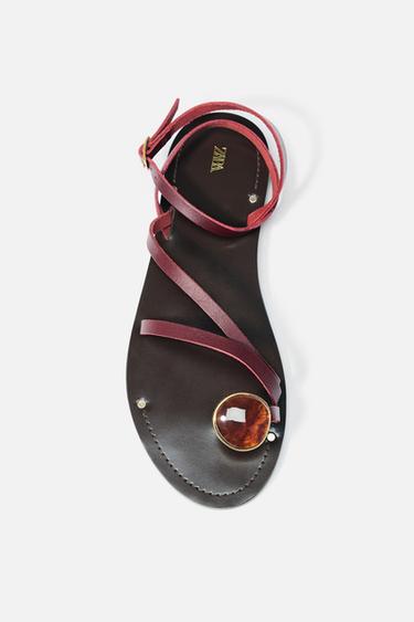 FLAT LEATHER SANDALS WITH STRAPS AND DECORATION - Burgundy Red by Zara