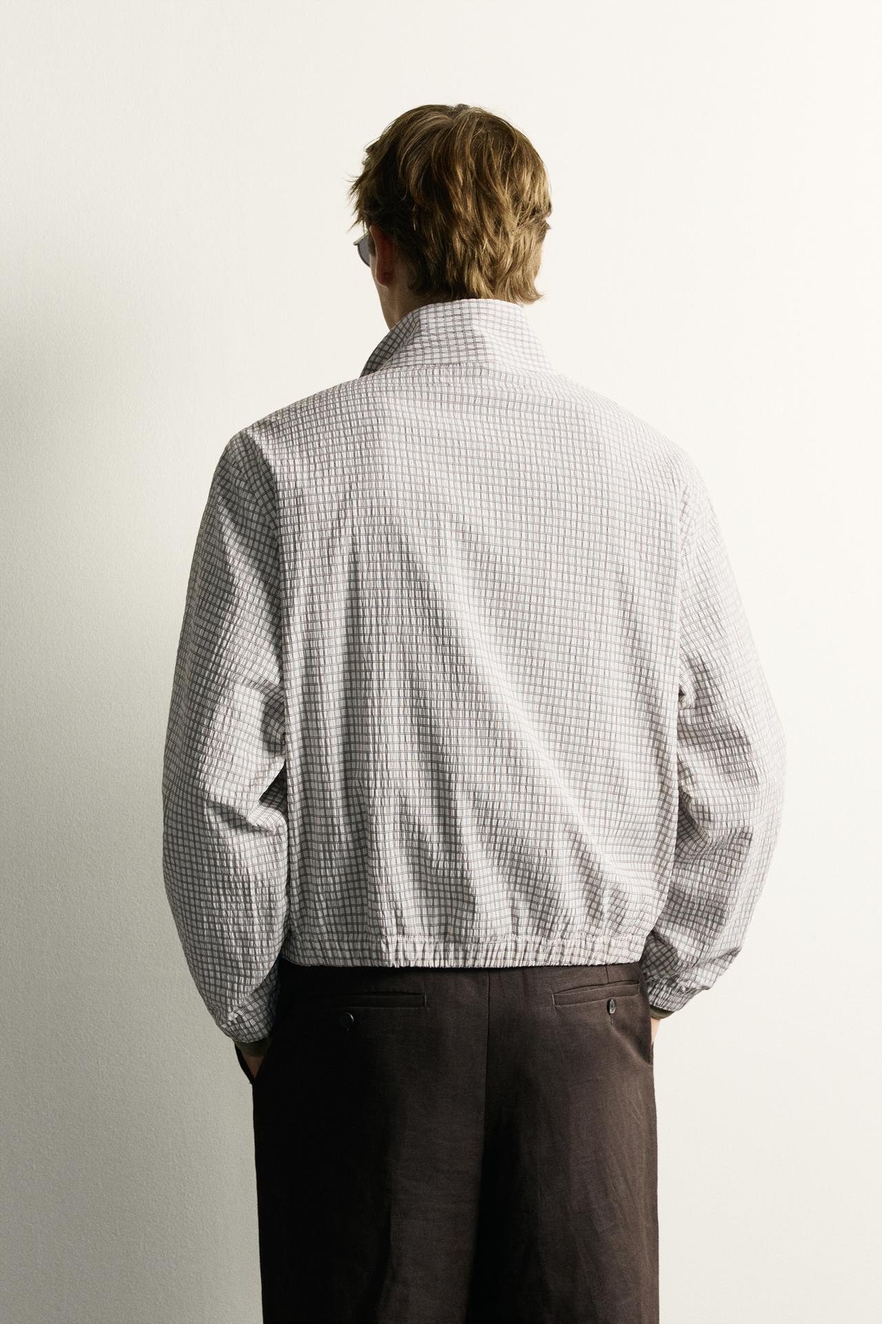 CROPPED FIT CHECKERED JACKET — Oyster-white