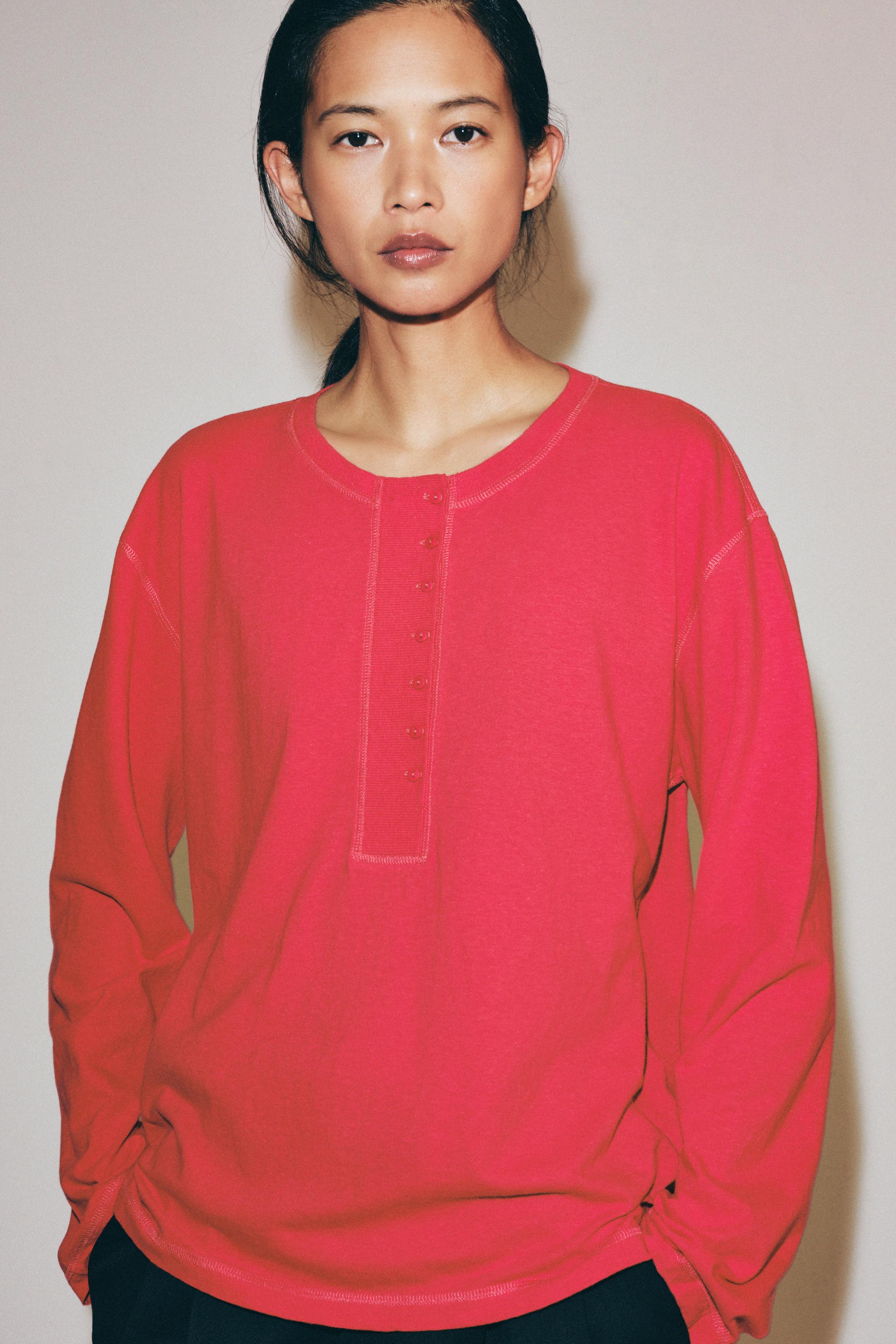 Zara KETEN İÇERİKLİ DÜĞMELİ YAKA T-SHIRT görsel 5