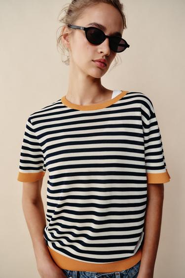 STRIPED KNIT TOP - white-orange by Zara