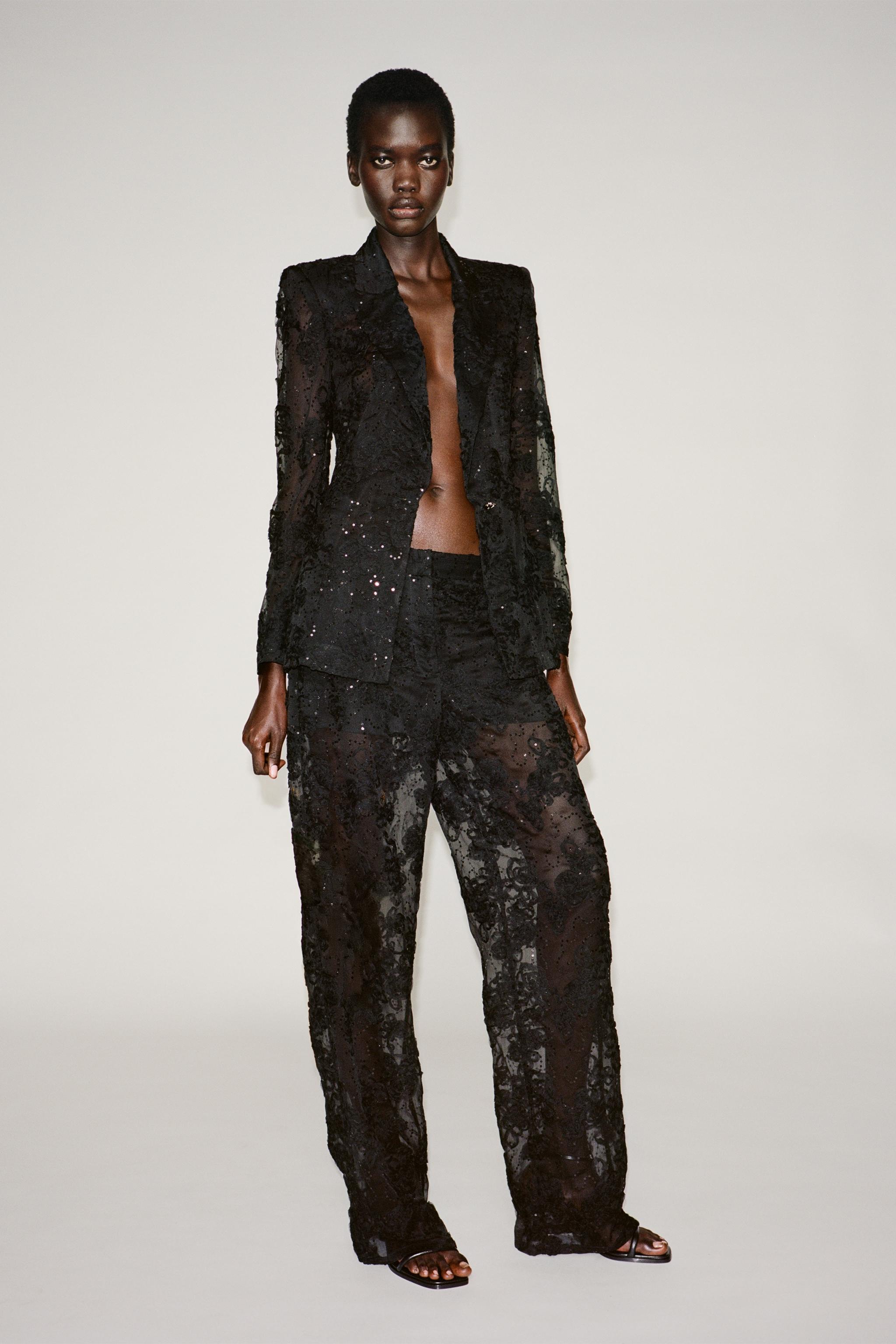 SEMI SHEER TEXTURED TROUSERS WITH SEQUINS Black ZARA United Kingdom