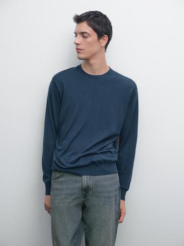 Pull en coton et soie mélangés - Bleu canard de Zara