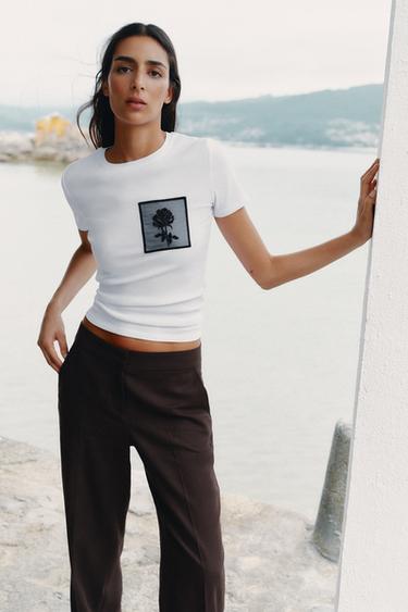 Zara FLORAL POCKET T-SHIRT - White