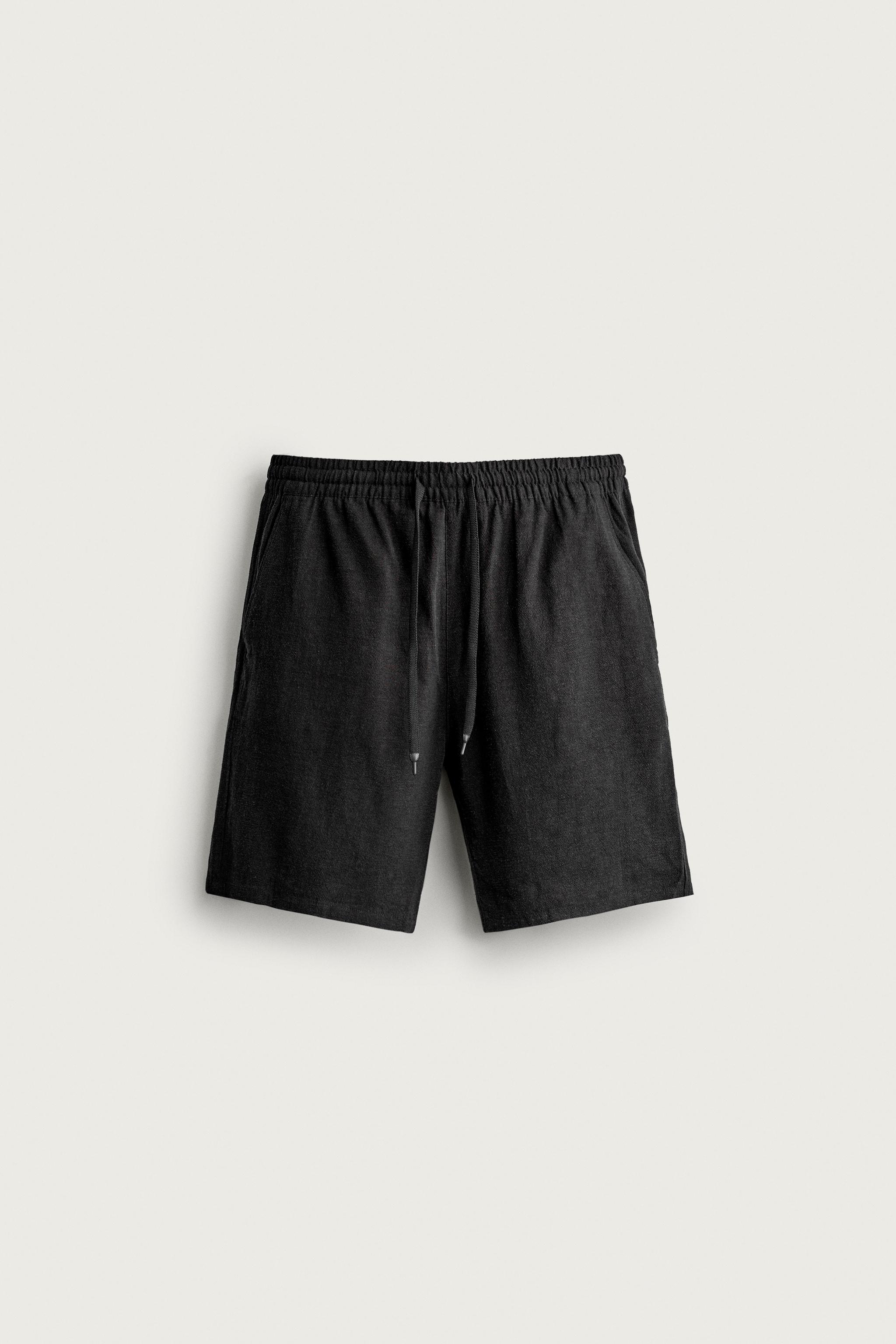 VISCOSE LINEN BLEND RELAXED FIT SHORTS — Black