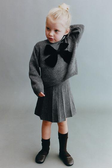 KNIT JUMPER WITH VELVET BOW - Grey marl by Zara
